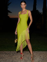 Jersey Bodycon Square Neck Midi Cocktail Dresses with Fringes
