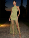 Velvet Bodycon High Neck Maxi Cocktail Dresses with  Drop Waist