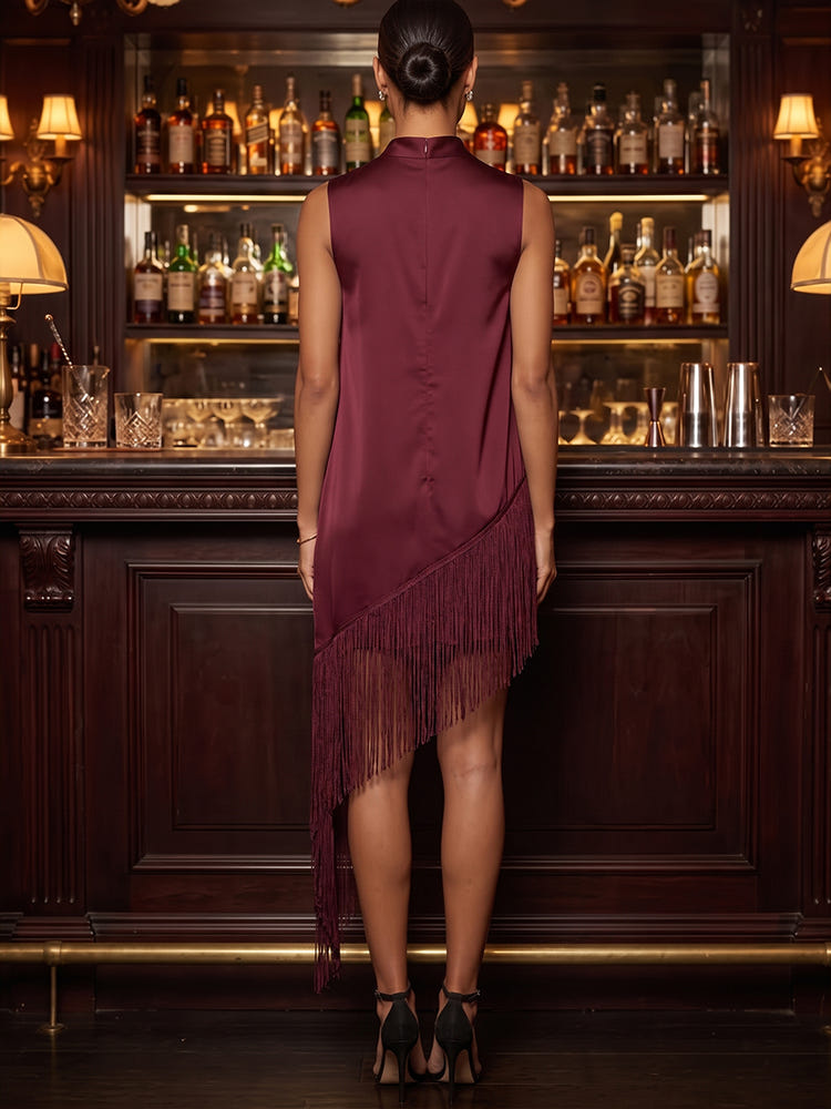 Satin Sheath High Neck Maxi Cocktail Dresses with Fringes