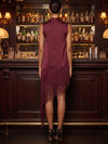 Satin Sheath High Neck Maxi Cocktail Dresses with Fringes