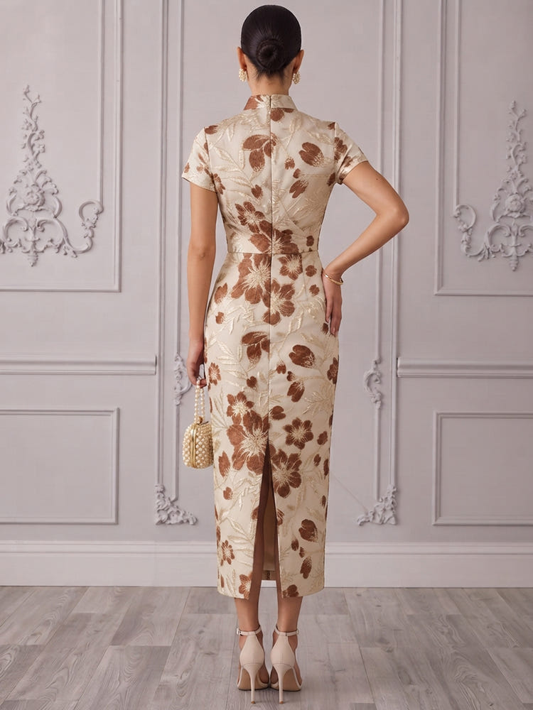 Jacquard Sheath Stand Collar Midi Cocktail Dresses with Floral