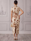 Jacquard Sheath Stand Collar Midi Cocktail Dresses with Floral