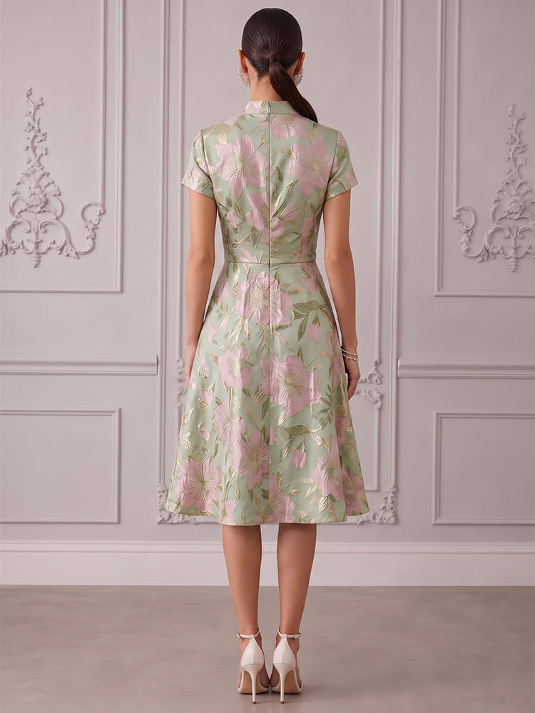 Jacquard A-Line Stand Collar Midi Cocktail Dresses with Ruffles