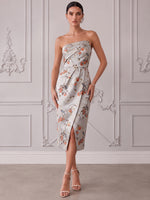 Jacquard Sheath Strapless Midi Cocktail Dresses with Slit