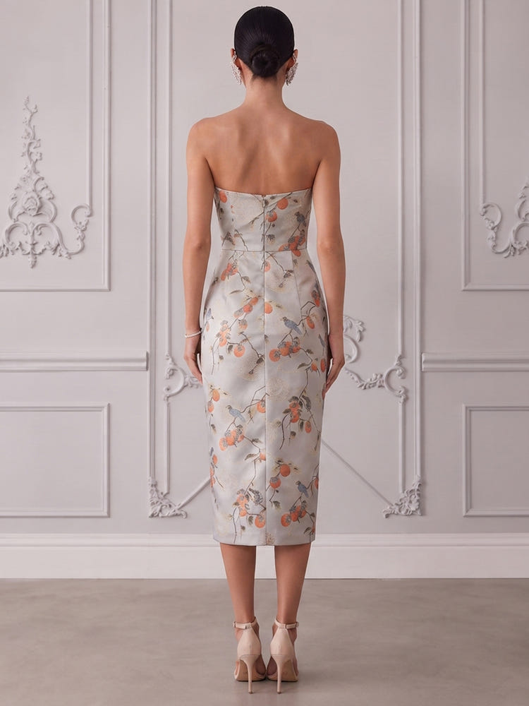Jacquard Sheath Strapless Midi Cocktail Dresses with Slit