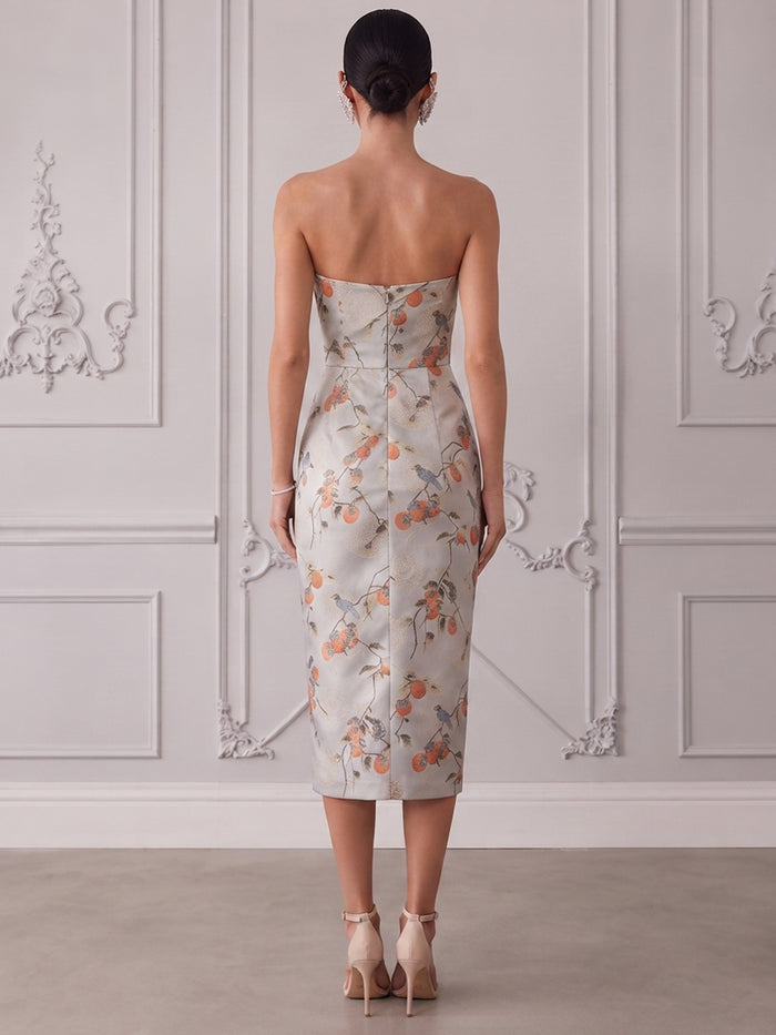 Jacquard Sheath Strapless Midi Cocktail Dresses with Slit