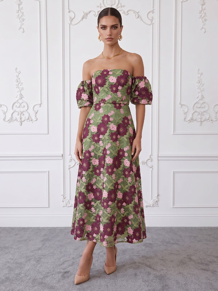 3D Flower Lace A-Line Off Shoulder Midi Cocktail Dresses with Floral Embroidery