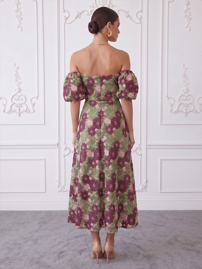 3D Flower Lace A-Line Off Shoulder Midi Cocktail Dresses with Floral Embroidery