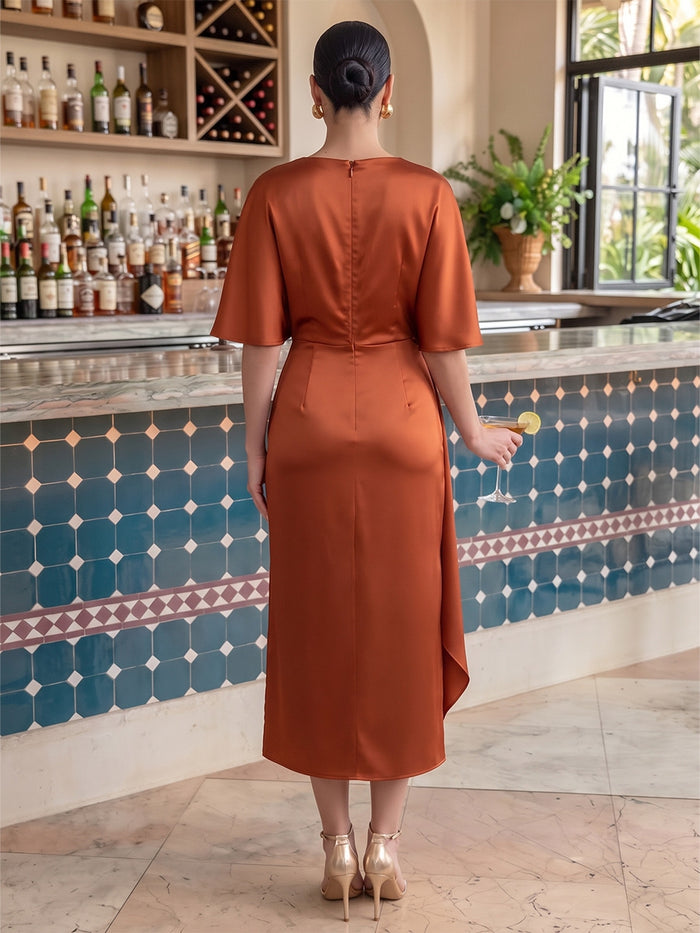Satin Sheath Boat Neck Midi Cocktail Dresses with Ruffles