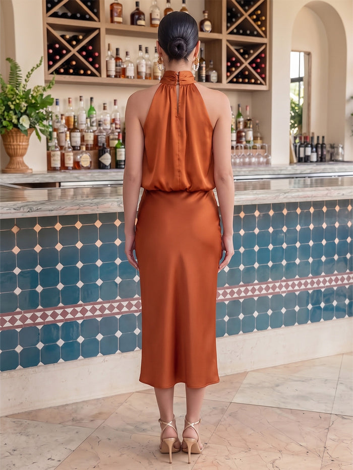 Satin Sheath High Neck Midi Cocktail Dresses with Pleated