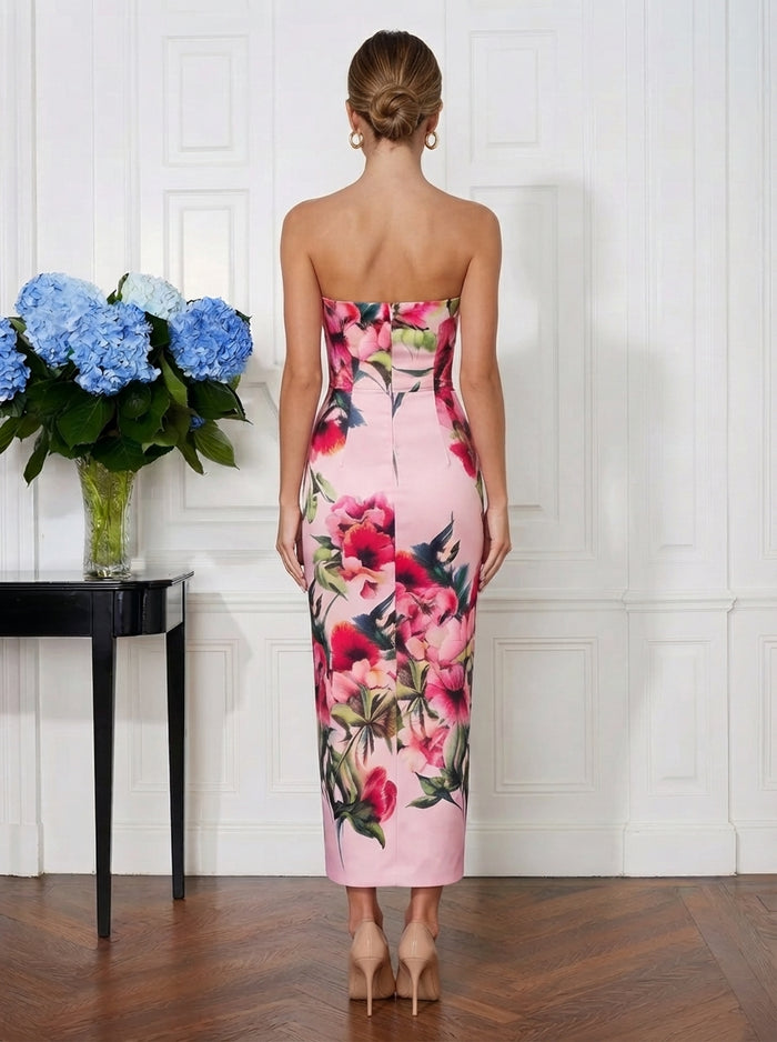 Satin Sheath Strapless Midi Cocktail Dresses with Floral Print