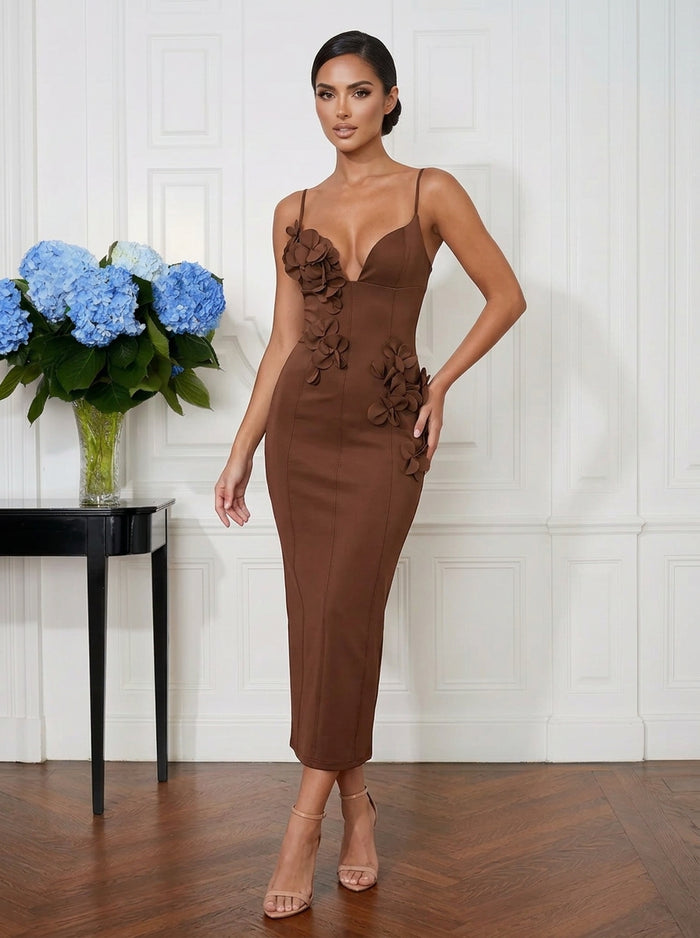 Satin Sheath Spaghetti Straps Midi Cocktail Dresses with 3D Flowers
