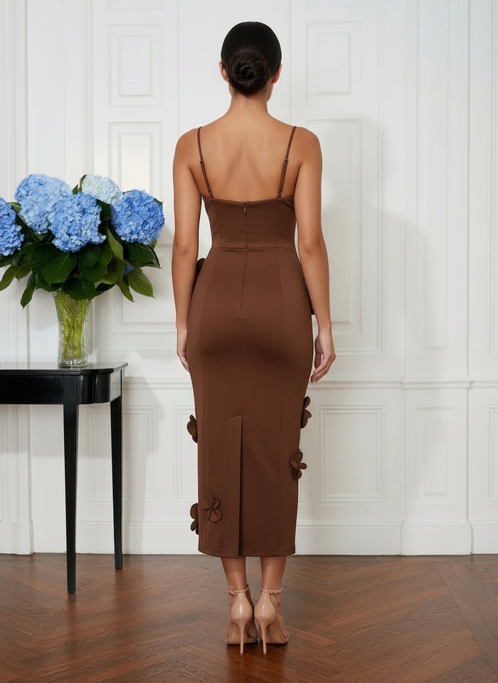Satin Sheath Spaghetti Straps Midi Cocktail Dresses with 3D Flowers