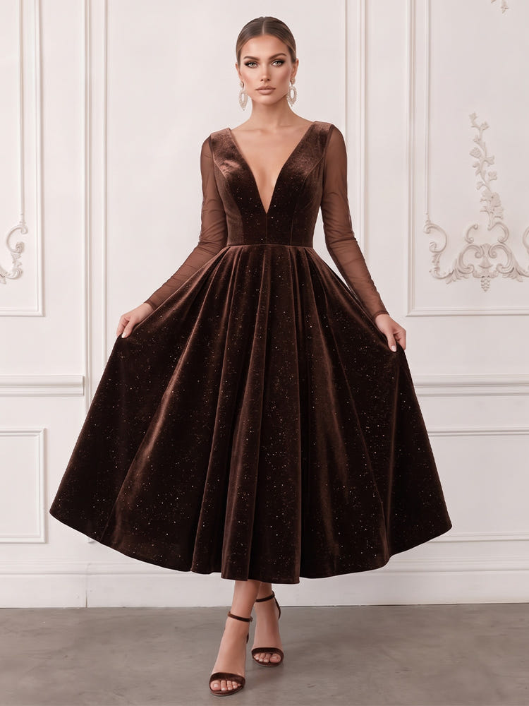 Sparkle Velvet A-Line V Neck Midi Cocktail Dresses with Sheer Mesh Long Sleeves