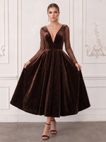 Sparkle Velvet A-Line V Neck Midi Cocktail Dresses with Sheer Mesh Long Sleeves