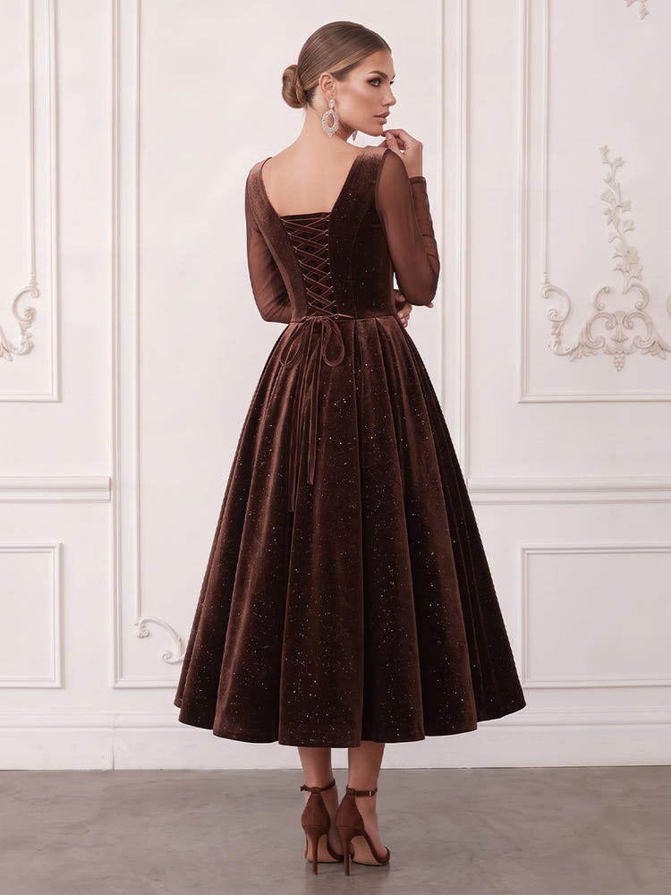 Sparkle Velvet A-Line V Neck Midi Cocktail Dresses with Sheer Mesh Long Sleeves