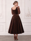 Sparkle Velvet A-Line V Neck Midi Cocktail Dresses with Sheer Mesh Long Sleeves