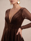 Sparkle Velvet A-Line V Neck Midi Cocktail Dresses with Sheer Mesh Long Sleeves