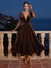 Sparkle Velvet A-Line V Neck Midi Cocktail Dresses with Sheer Mesh Long Sleeves