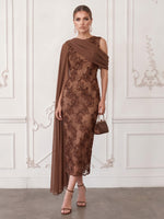 Mesh Sheath Boat Neck Midi Cocktail Dresses with Sequin Floral Appliques