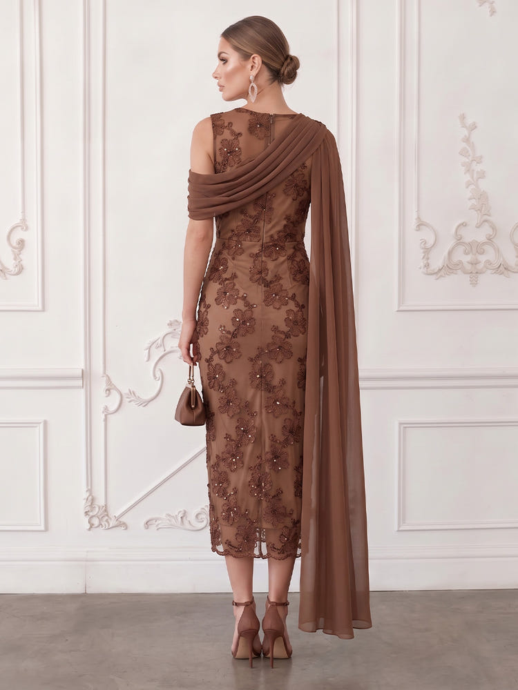 Mesh Sheath Boat Neck Midi Cocktail Dresses with Sequin Floral Appliques