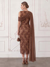 Mesh Sheath Boat Neck Midi Cocktail Dresses with Sequin Floral Appliques