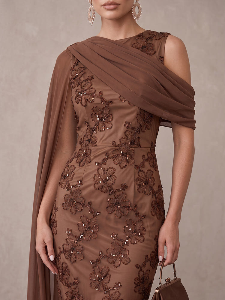 Mesh Sheath Boat Neck Midi Cocktail Dresses with Sequin Floral Appliques