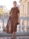Mesh Sheath Boat Neck Midi Cocktail Dresses with Sequin Floral Appliques