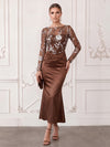 Satin Mermaid Boat Neck Midi Cocktail Dresses with Sequin Floral Appliques