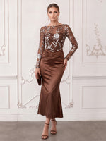 Satin Mermaid Boat Neck Midi Cocktail Dresses with Sequin Floral Appliques
