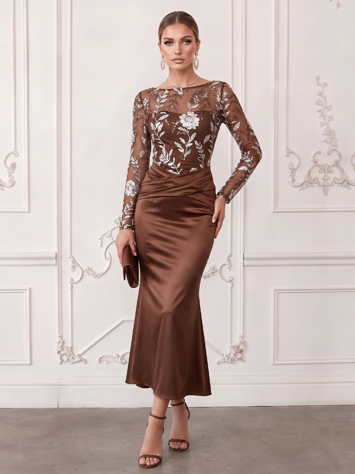Satin Mermaid Boat Neck Midi Cocktail Dresses with Sequin Floral Appliques