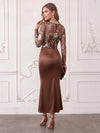 Satin Mermaid Boat Neck Midi Cocktail Dresses with Sequin Floral Appliques