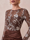 Satin Mermaid Boat Neck Midi Cocktail Dresses with Sequin Floral Appliques