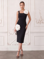 Jersey Sheath Square Neck Midi Cocktail Dresses with 3D Flowers