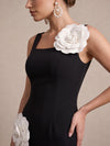 Jersey Sheath Square Neck Midi Cocktail Dresses with 3D Flowers