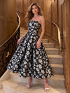 Jacquard A-Line Strapless Midi Cocktail Dresses with Pleated