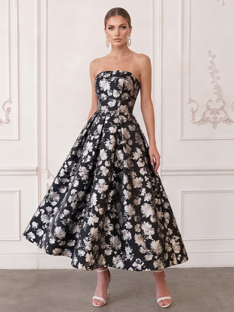 Jacquard A-Line Strapless Midi Cocktail Dresses with Pleated