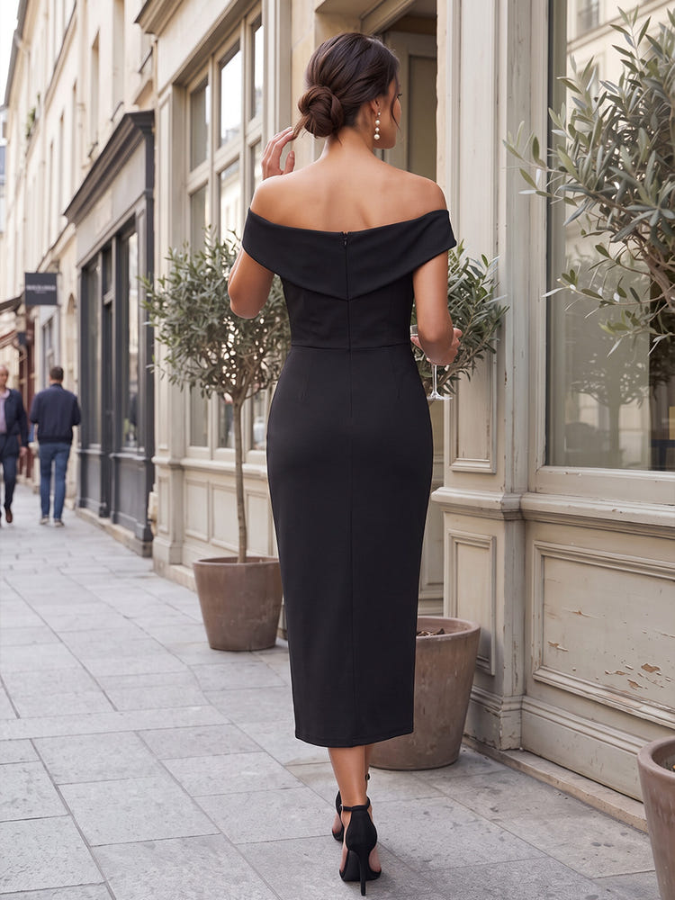 Jersey Sheath Off Shoulder Midi Cocktail Dresses with Side Waist Ruched