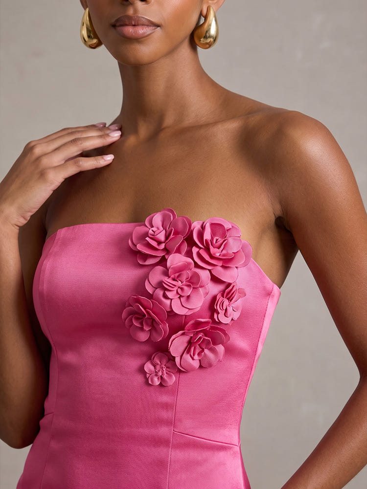 Satin Sheath Strapless Midi Cocktail Dresses with 3D Flowers