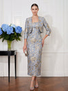 Jacquard Sheath Strapless Midi Cocktail Dresses with Jacket
