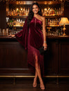 Velvet Sheath One Shoulder Midi Cocktail Dresses with Fringes