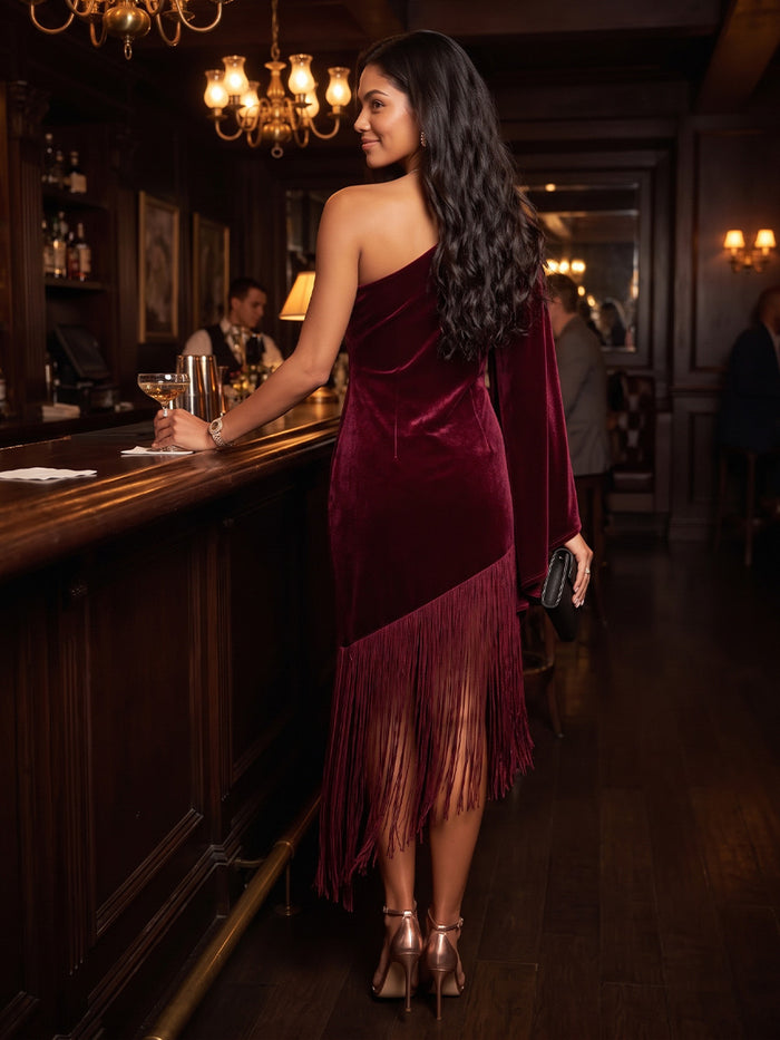 Velvet Sheath One Shoulder Midi Cocktail Dresses with Fringes