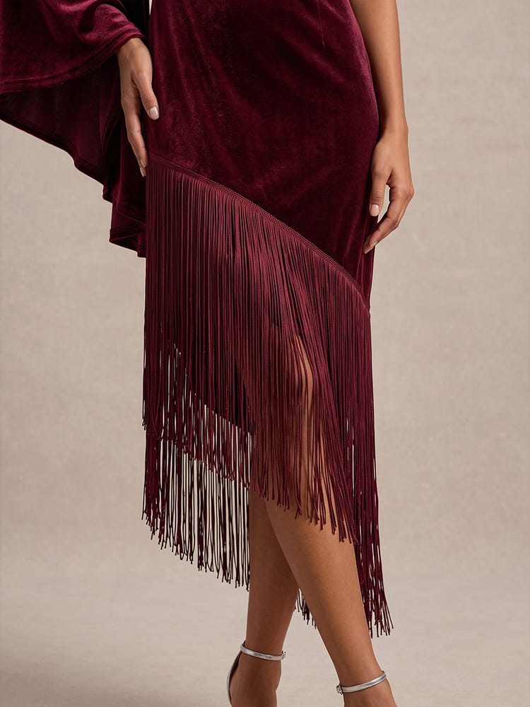 Velvet Sheath One Shoulder Midi Cocktail Dresses with Fringes
