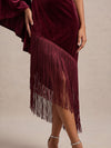 Velvet Sheath One Shoulder Midi Cocktail Dresses with Fringes