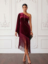 Velvet Sheath One Shoulder Midi Cocktail Dresses with Fringes