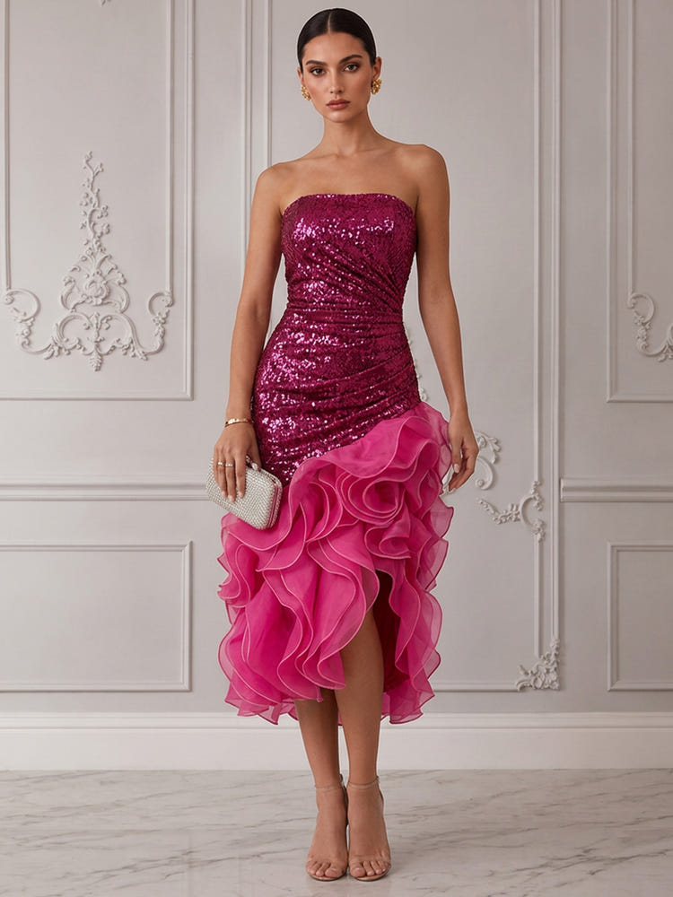 Sequins Organza Mermaid Strapless Midi Cocktail Dresses with Ruffles