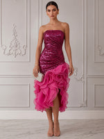 Sequins Organza Mermaid Strapless Midi Cocktail Dresses with Ruffles