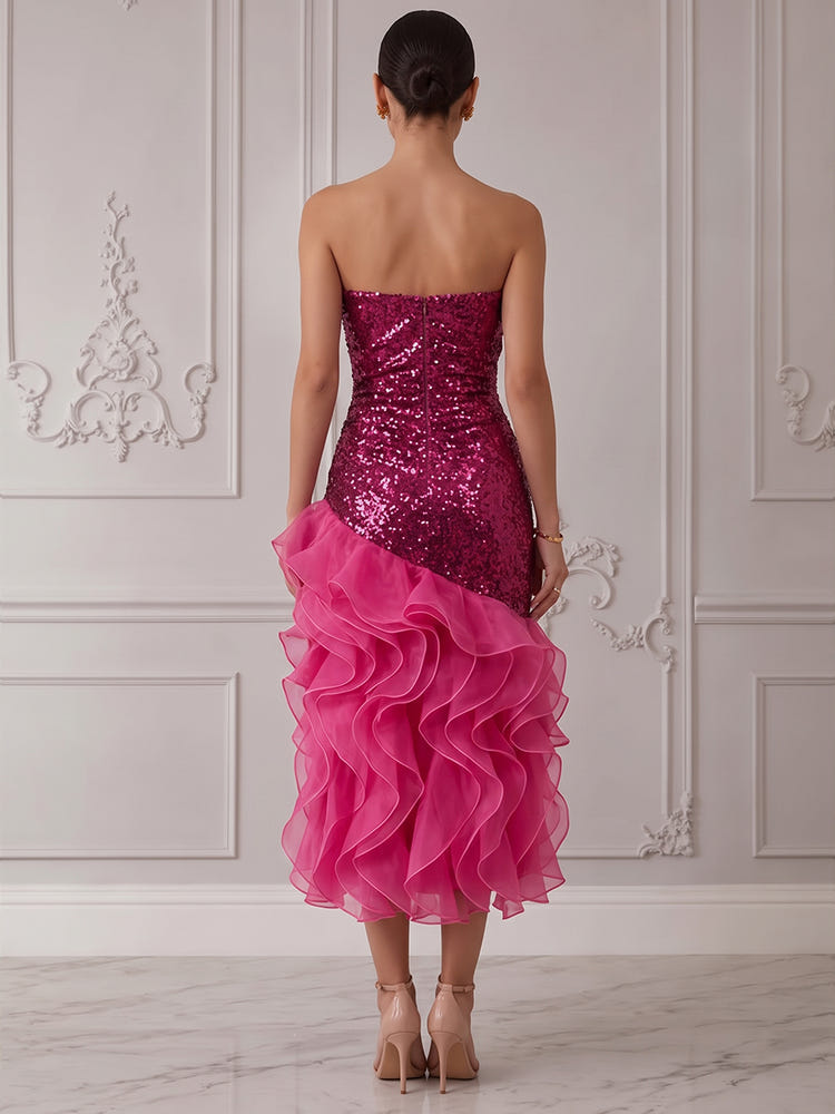 Sequins Organza Mermaid Strapless Midi Cocktail Dresses with Ruffles