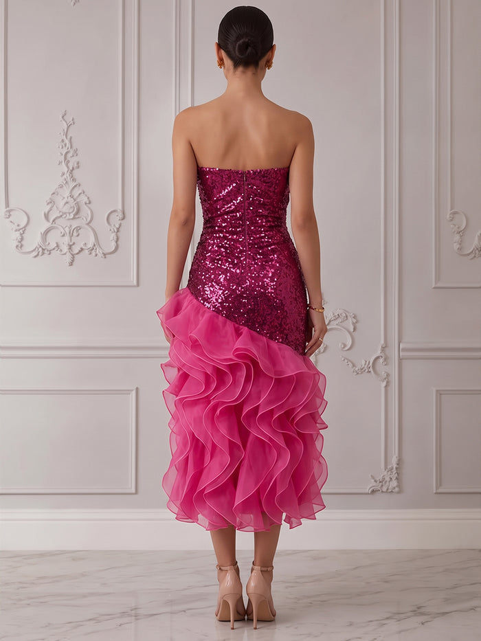 Sequins Organza Mermaid Strapless Midi Cocktail Dresses with Ruffles