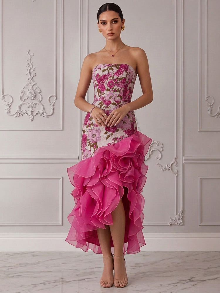 Jacquard Organza Mermaid Strapless Midi Cocktail Dresses with Ruffles